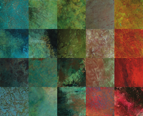 A series of color on metal samples made from Carol Warner's